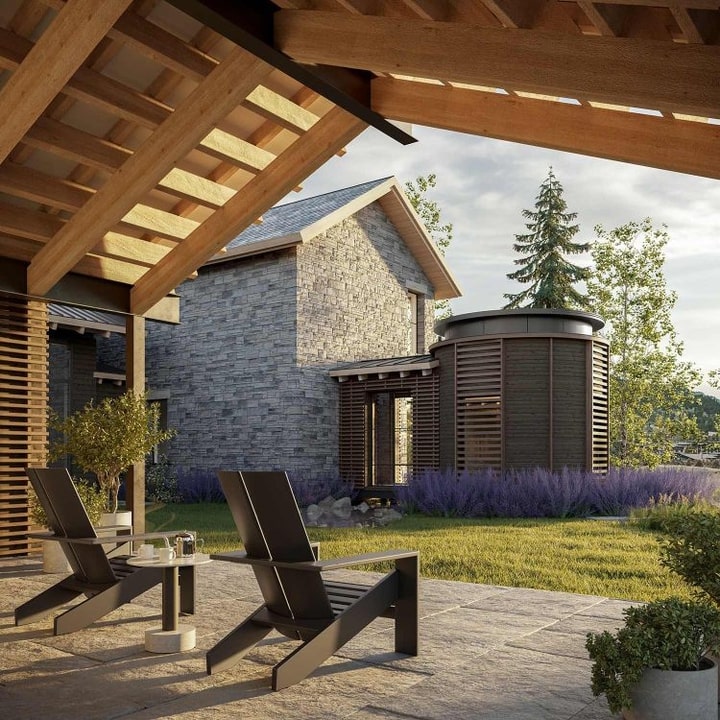 Modern brutalist-inspired house combining raw stone, wood and minimalist outdoor design